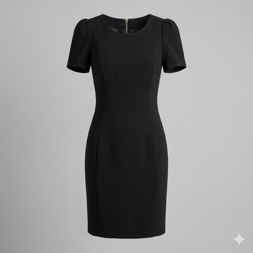 Calvin Klein Womens Black Puff Sleeve Sheath Dress Sz 8 Gold Zip Back CD8C1193